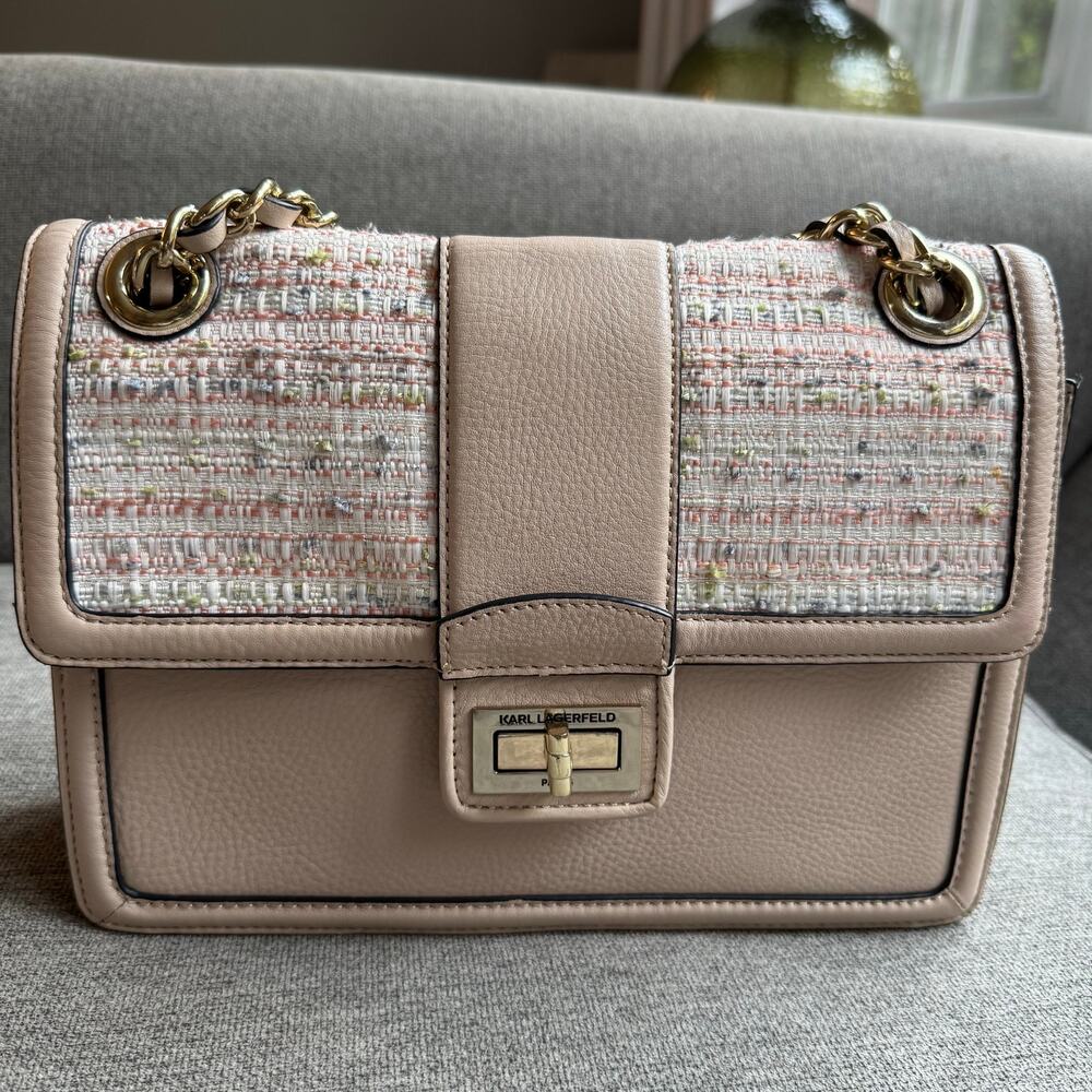 Karl Lagerfeld Beige Tweed Details Shoulder Crossbody Bag Purse - Picture 1 of 12